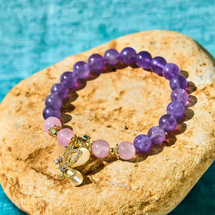 BWOOOH Natural Amethyst Strawberry Quartz Crystal Healing Butterfly Charm Bracelet — Amethyst crystal healing bracelet for...