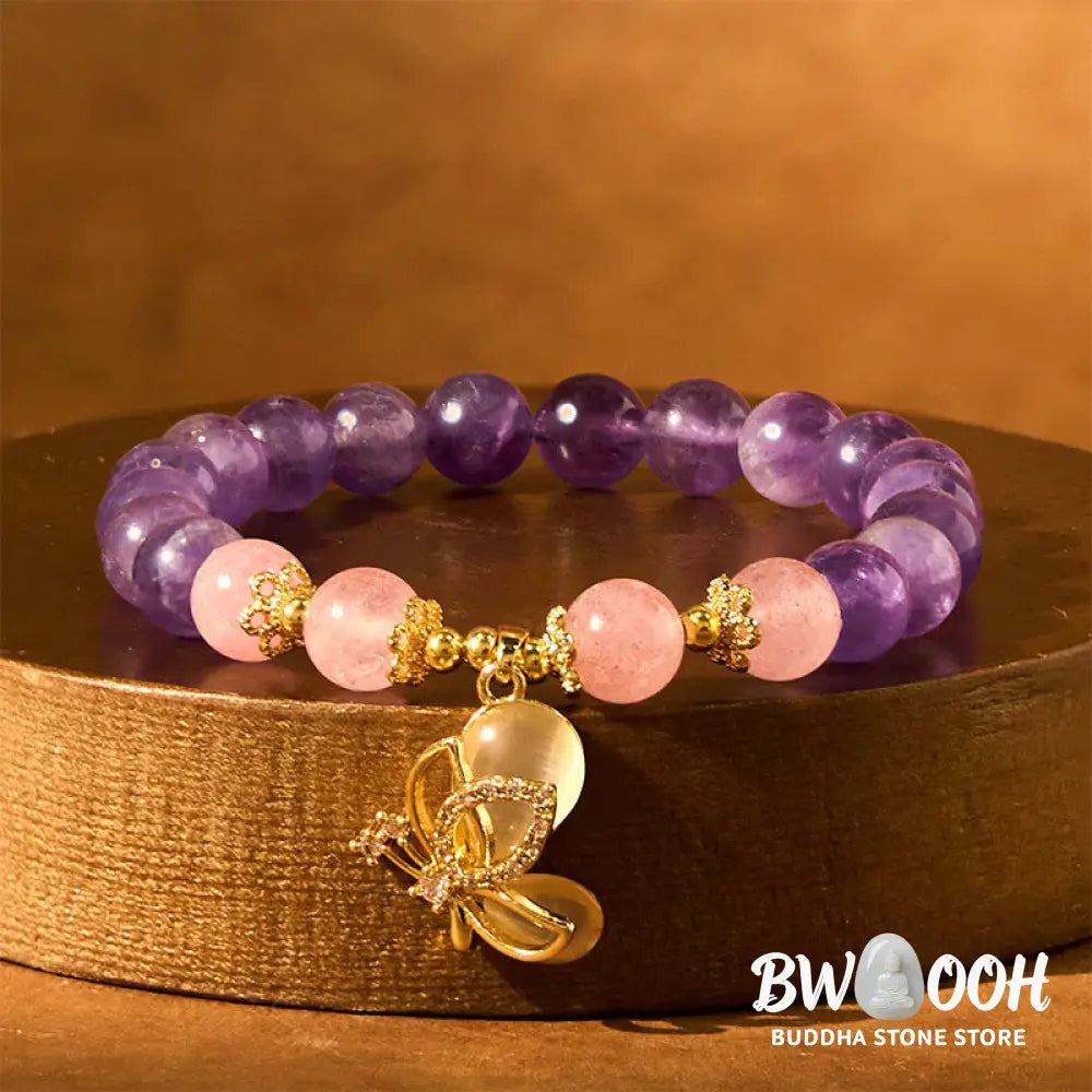 Buddha Stones Natural Amethyst Strawberry Quartz Crystal Healing Butterfly Charm Bracelet - BWOOOH - Amethyst(Wrist