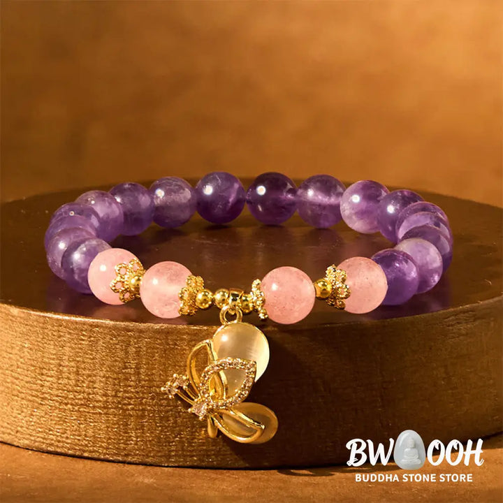 Buddha Stones Natural Amethyst Strawberry Quartz Crystal Healing Butterfly Charm Bracelet - BWOOOH - Amethyst(Wrist