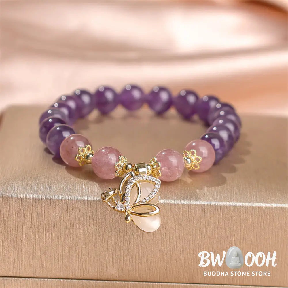 Buddha Stones Natural Amethyst Strawberry Quartz Crystal Healing Butterfly Charm Bracelet - BWOOOH - Amethyst(Wrist