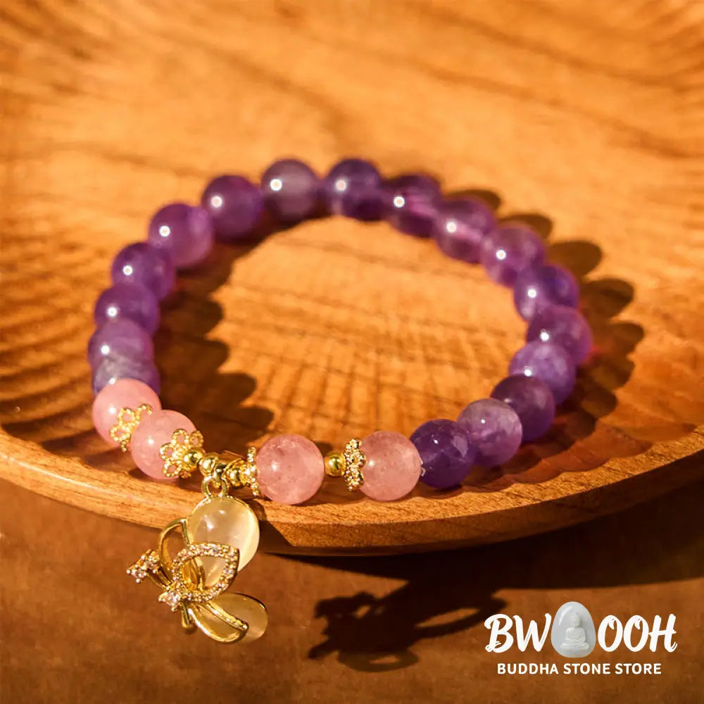 Buddha Stones Natural Amethyst Strawberry Quartz Crystal Healing Butterfly Charm Bracelet - BWOOOH - Amethyst(Wrist