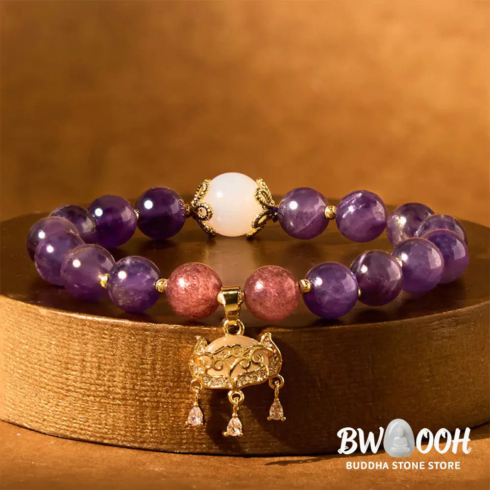Buddha Stones Natural Amethyst Strawberry Quartz Peace Lock Charm Positive Bracelet - BWOOOH - Amethyst(Wrist