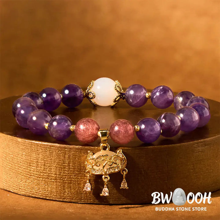 Buddha Stones Natural Amethyst Strawberry Quartz Peace Lock Charm Positive Bracelet - BWOOOH - Amethyst(Wrist