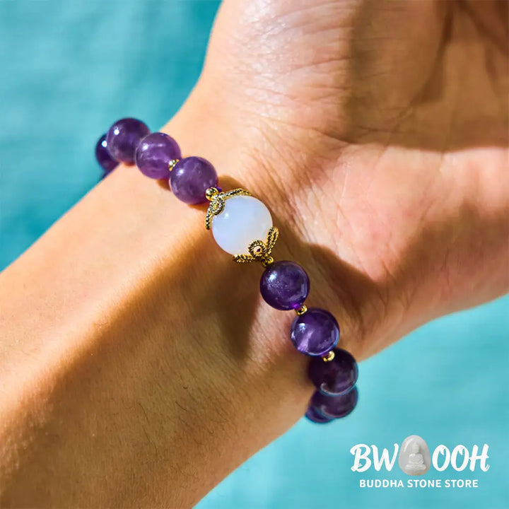 Buddha Stones Natural Amethyst Strawberry Quartz Peace Lock Charm Positive Bracelet - BWOOOH - Amethyst(Wrist