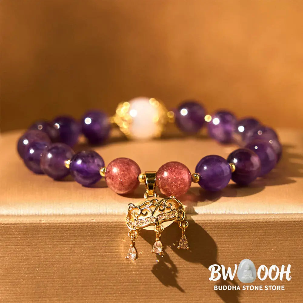 Buddha Stones Natural Amethyst Strawberry Quartz Peace Lock Charm Positive Bracelet - BWOOOH - Amethyst(Wrist
