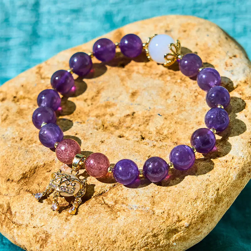 BWOOOH Natural Amethyst Strawberry Quartz Peace Lock Charm Positive Bracelet — Amethyst crystal healing bracelet for spiri...