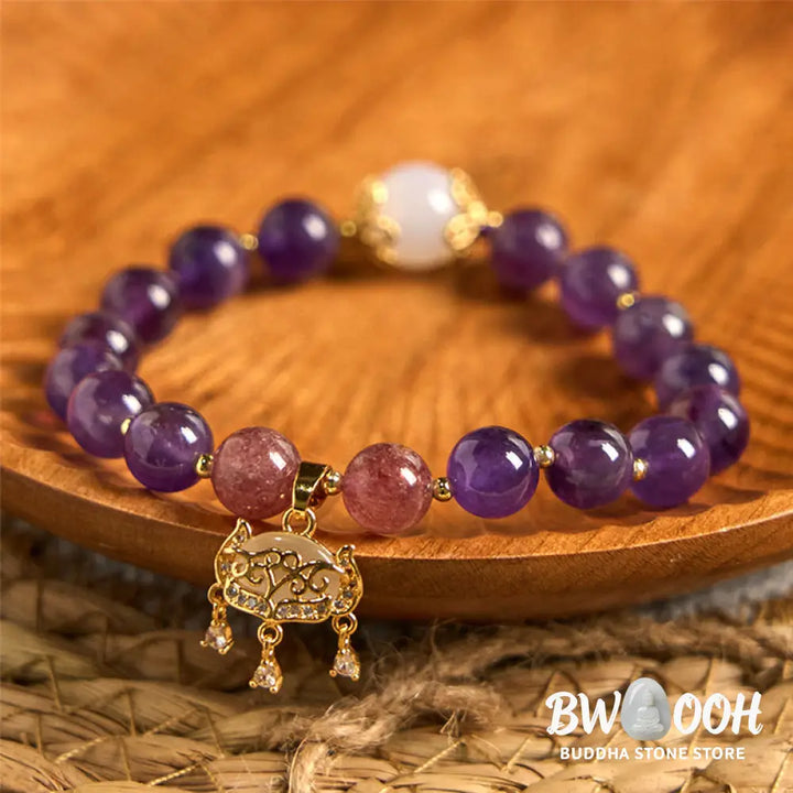 Buddha Stones Natural Amethyst Strawberry Quartz Peace Lock Charm Positive Bracelet - BWOOOH - Amethyst(Wrist