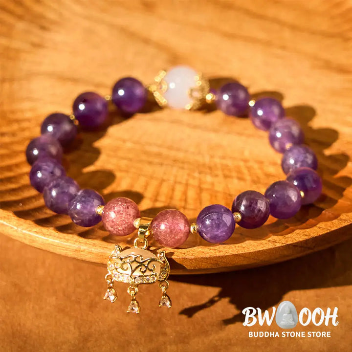 Buddha Stones Natural Amethyst Strawberry Quartz Peace Lock Charm Positive Bracelet - BWOOOH - Amethyst(Wrist