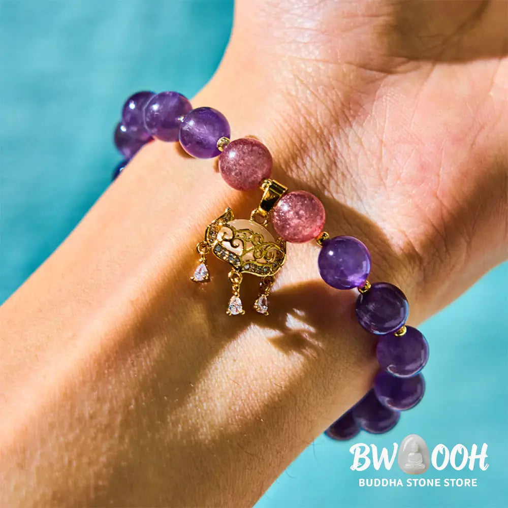 Buddha Stones Natural Amethyst Strawberry Quartz Peace Lock Charm Positive Bracelet - BWOOOH - Amethyst(Wrist