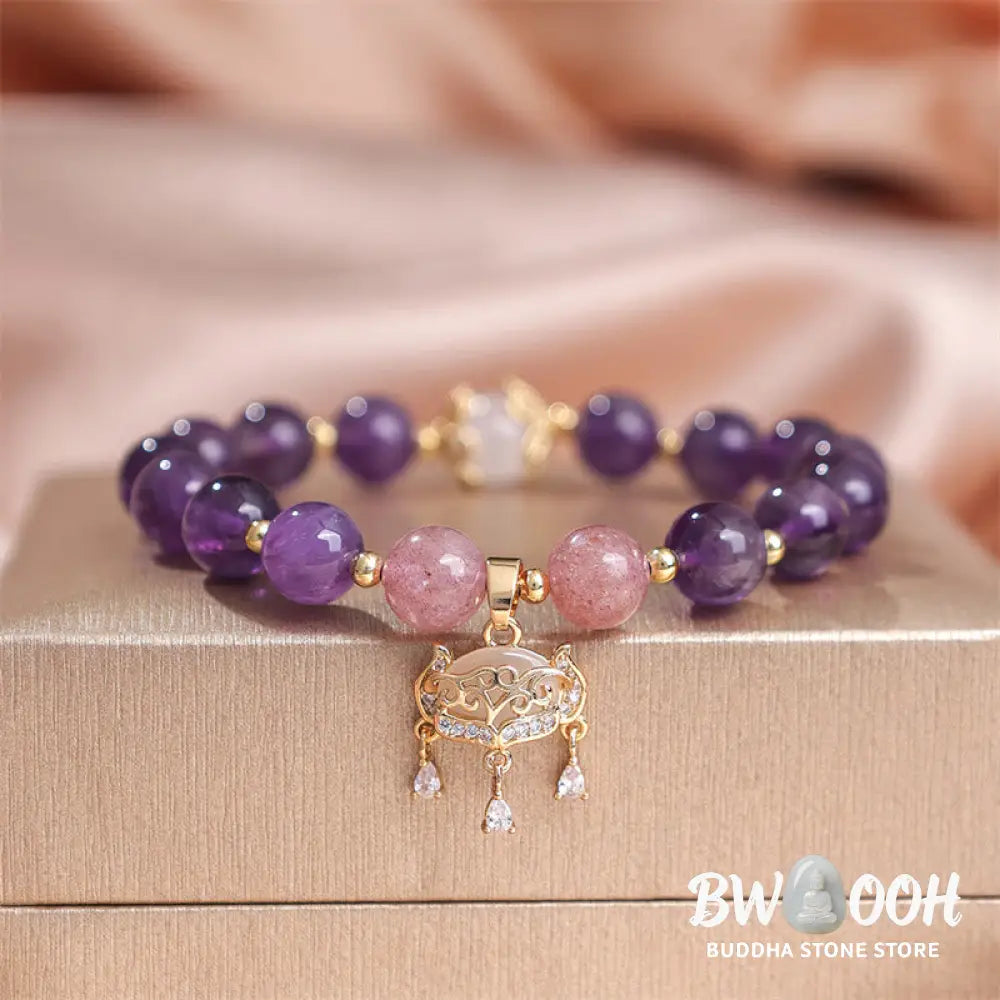 Buddha Stones Natural Amethyst Strawberry Quartz Peace Lock Charm Positive Bracelet - BWOOOH - Amethyst(Wrist