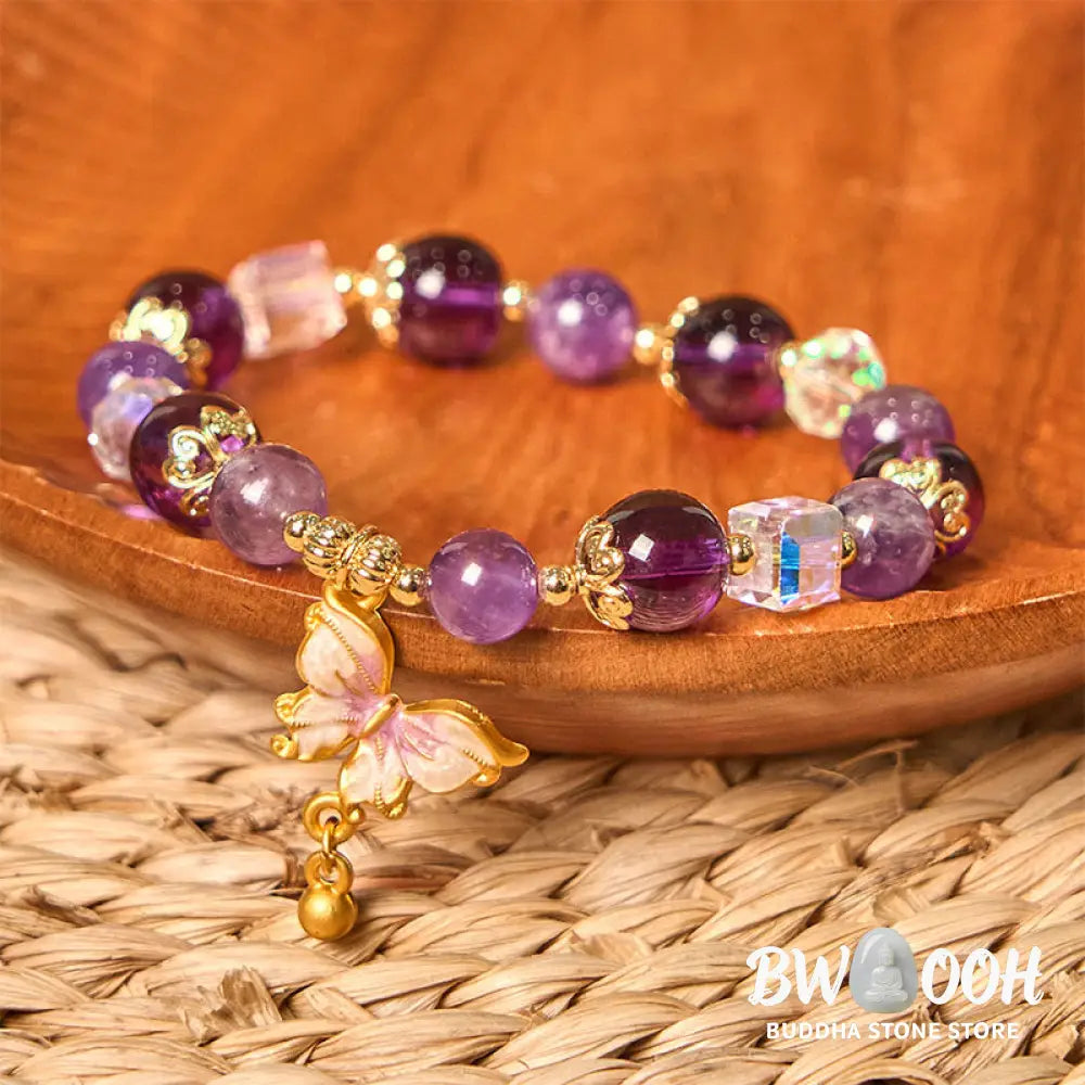 Buddha Stones Natural Amethyst Sun Stone Butterfly Peace Bracelet - BWOOOH - Bracelet