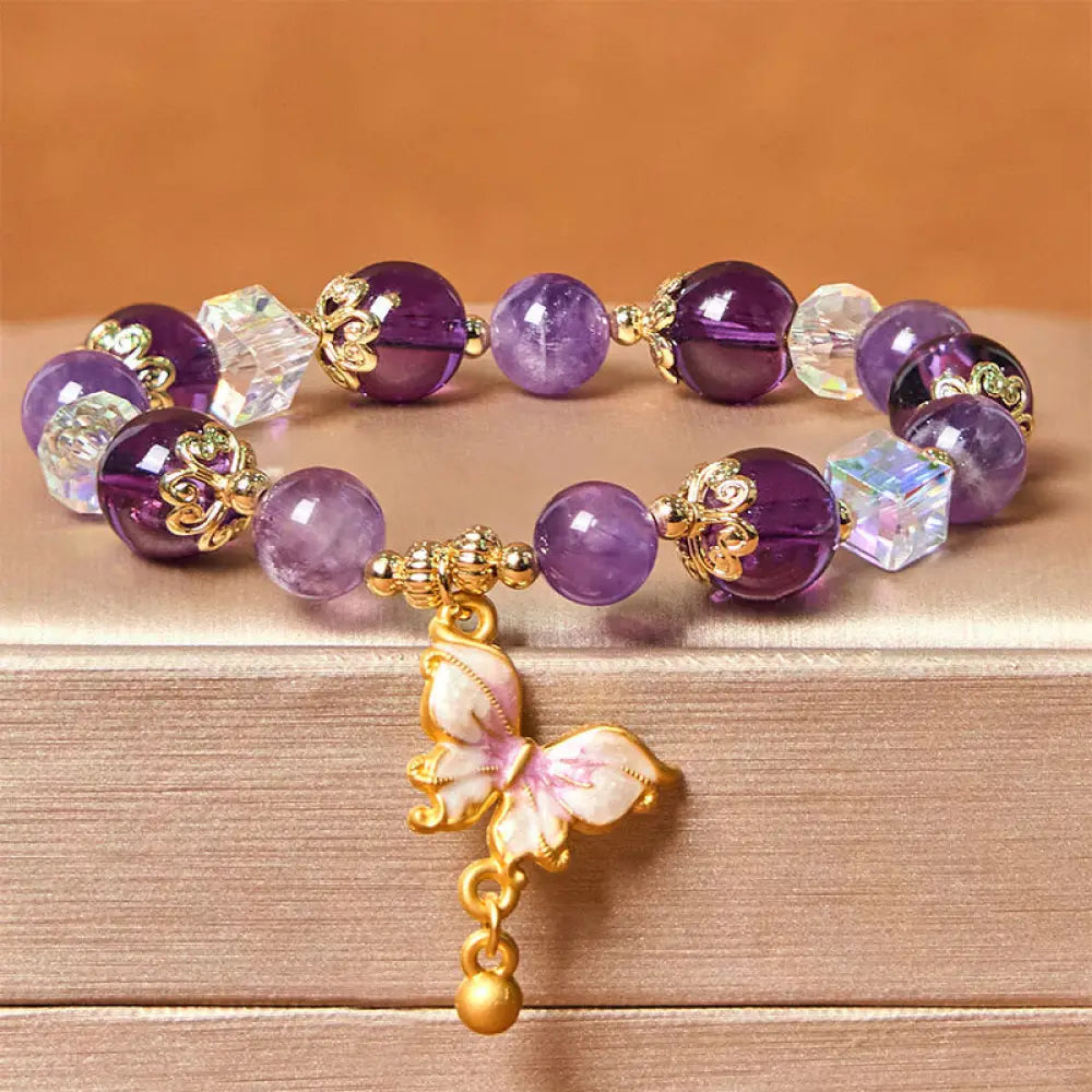 BWOOOH Natural Amethyst Sun Stone Butterfly Peace Bracelet — Amethyst crystal healing bracelet for spiritual healing and m...