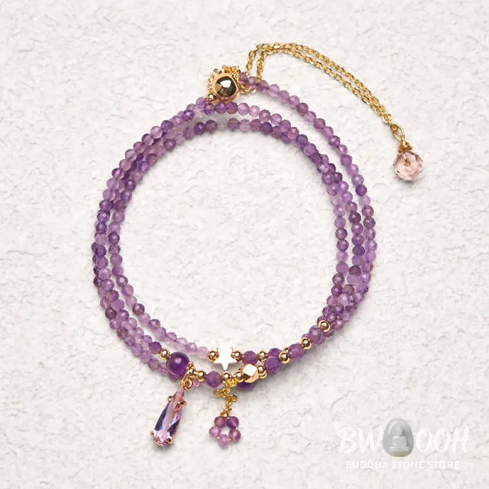 Buddha Stones Natural Amethyst Water Drop Star Meditation Triple Wrap Bracelet - BWOOOH - Amethyst(Wrist