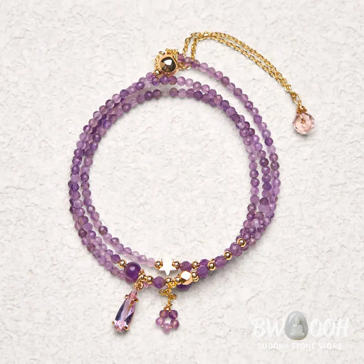 Buddha Stones Natural Amethyst Water Drop Star Meditation Triple Wrap Bracelet - BWOOOH - Amethyst(Wrist