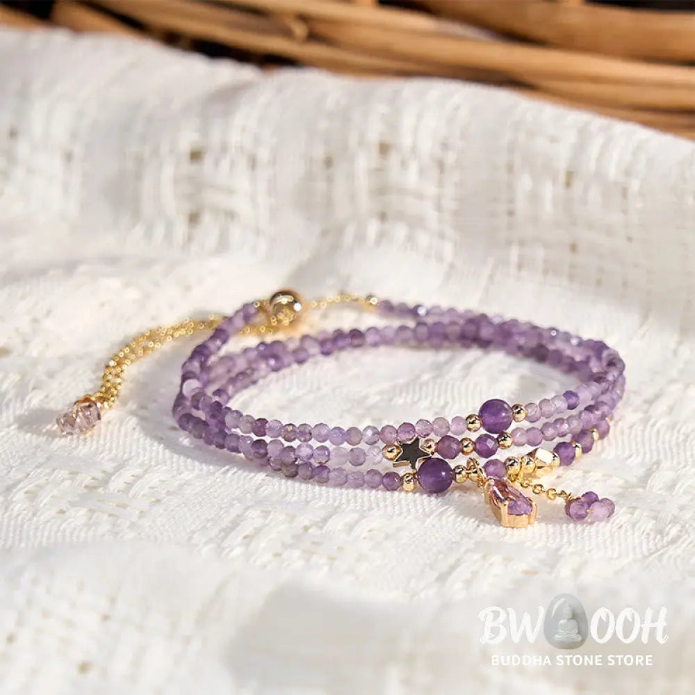 Buddha Stones Natural Amethyst Water Drop Star Meditation Triple Wrap Bracelet - BWOOOH - Amethyst(Wrist
