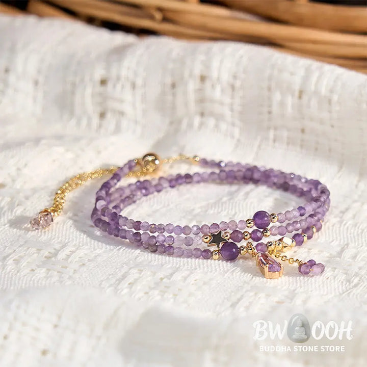 Buddha Stones Natural Amethyst Water Drop Star Meditation Triple Wrap Bracelet - BWOOOH - Amethyst(Wrist