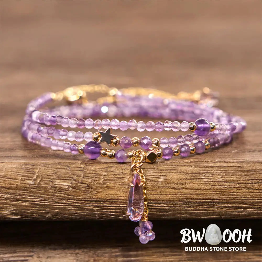 Buddha Stones Natural Amethyst Water Drop Star Meditation Triple Wrap Bracelet - BWOOOH - Amethyst(Wrist