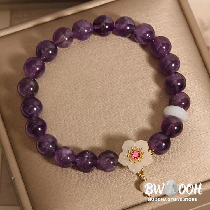 Buddha Stones Natural Amethyst White Agate Pearl Charm Balance Bracelet - BWOOOH - Amethyst(Wrist Circumference: