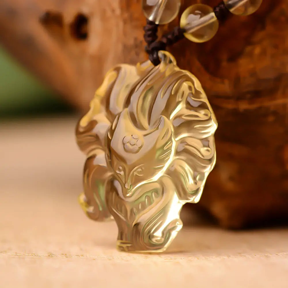 Buddha Stones Natural Amethyst White Crystal Citrine Nine Tailed Fox Luck Necklace Pendant - BWOOOH