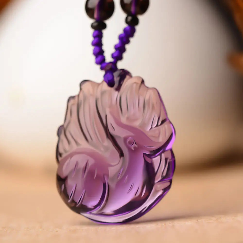 Buddha Stones Natural Amethyst White Crystal Citrine Nine Tailed Fox Luck Necklace Pendant - BWOOOH - Amethyst(Inner