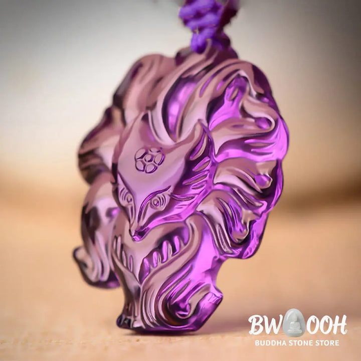 Buddha Stones Natural Amethyst White Crystal Citrine Nine Tailed Fox Luck Necklace Pendant - BWOOOH - Necklaces &amp;
