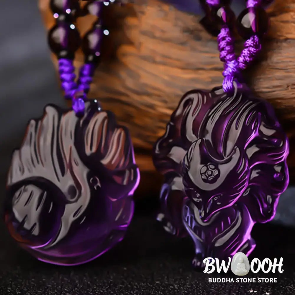 Buddha Stones Natural Amethyst White Crystal Citrine Nine Tailed Fox Luck Necklace Pendant - BWOOOH - Necklaces &amp;
