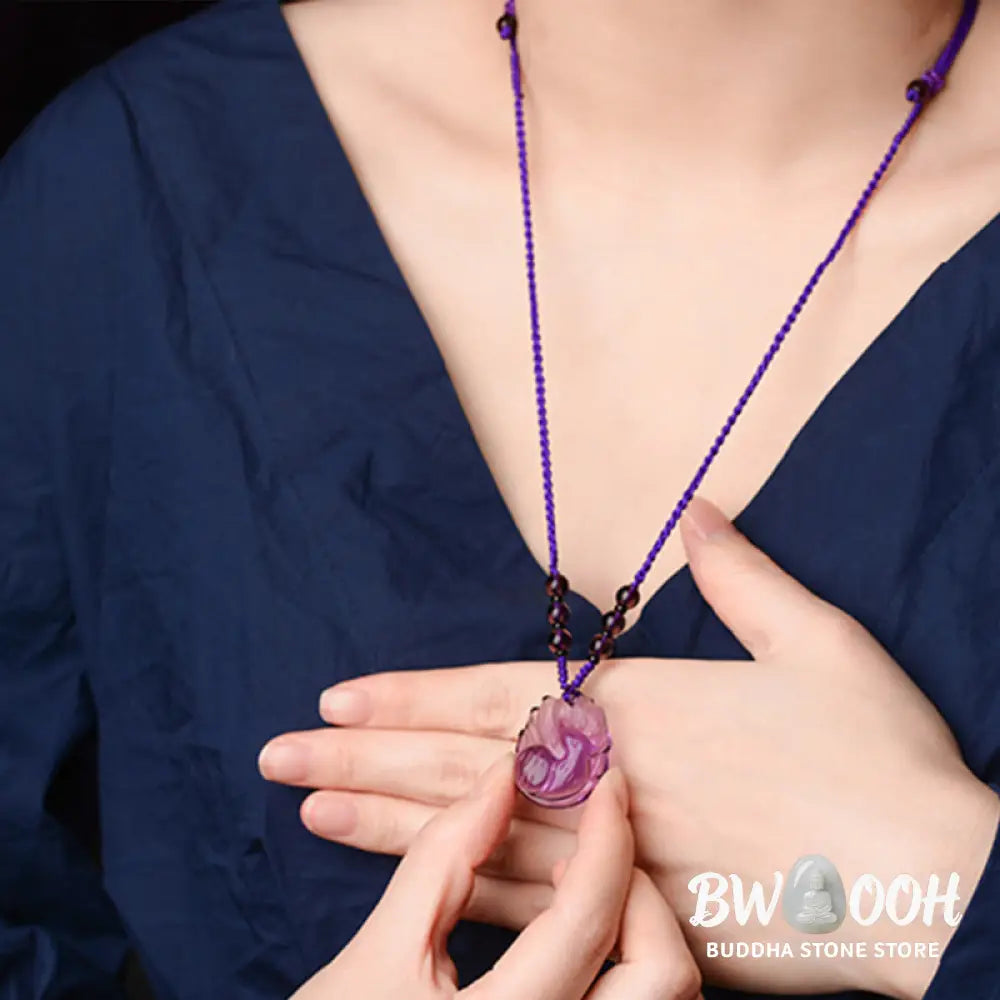 Buddha Stones Natural Amethyst White Crystal Citrine Nine Tailed Fox Luck Necklace Pendant - BWOOOH - Necklaces &amp;