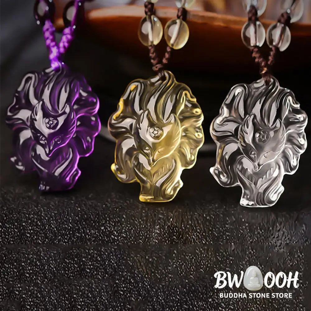 Buddha Stones Natural Amethyst White Crystal Citrine Nine Tailed Fox Luck Necklace Pendant - BWOOOH - Necklaces &amp;