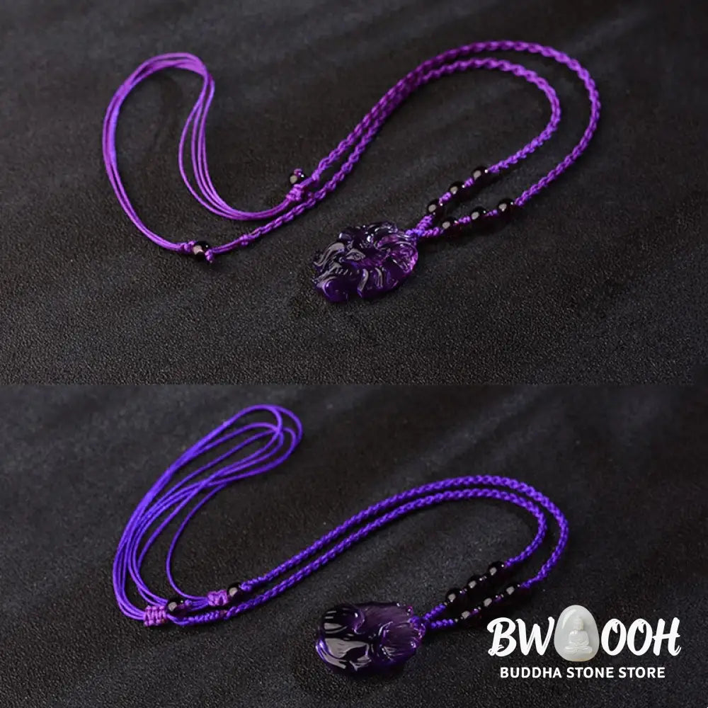 Buddha Stones Natural Amethyst White Crystal Citrine Nine Tailed Fox Luck Necklace Pendant - BWOOOH - Necklaces &amp;