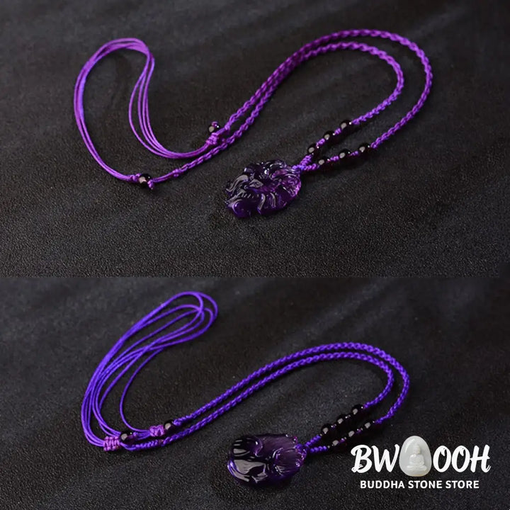 Buddha Stones Natural Amethyst White Crystal Citrine Nine Tailed Fox Luck Necklace Pendant - BWOOOH - Necklaces &amp;