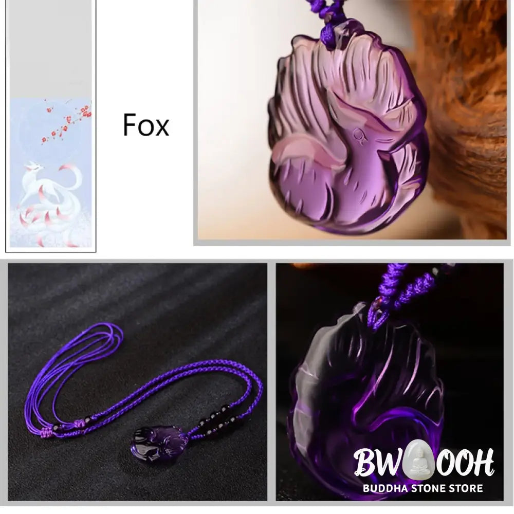 Buddha Stones Natural Amethyst White Crystal Citrine Nine Tailed Fox Luck Necklace Pendant - BWOOOH - Necklaces &amp;