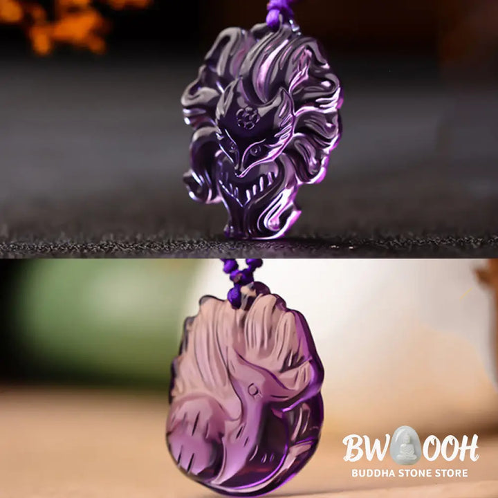 Buddha Stones Natural Amethyst White Crystal Citrine Nine Tailed Fox Luck Necklace Pendant - BWOOOH - Necklaces &amp;