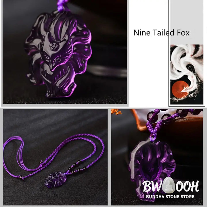 Buddha Stones Natural Amethyst White Crystal Citrine Nine Tailed Fox Luck Necklace Pendant - BWOOOH - Necklaces &amp;