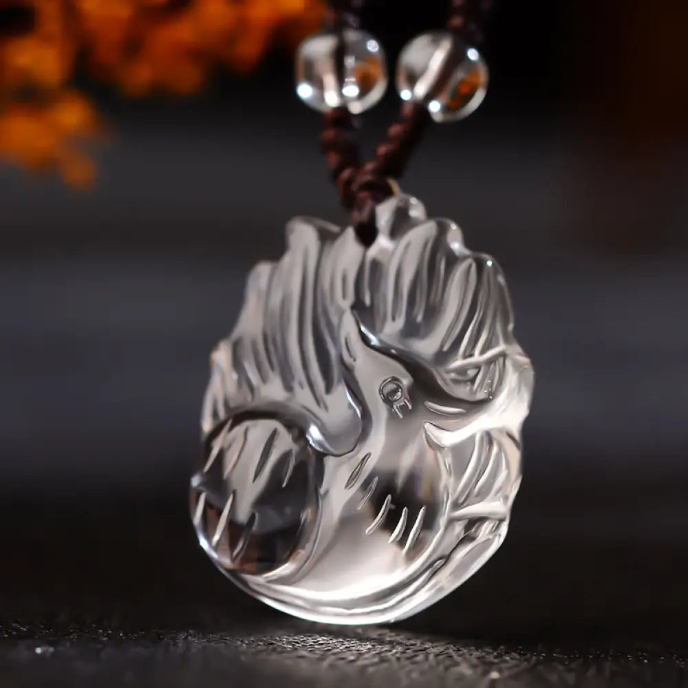 Buddha Stones Natural Amethyst White Crystal Citrine Nine Tailed Fox Luck Necklace Pendant - BWOOOH - White