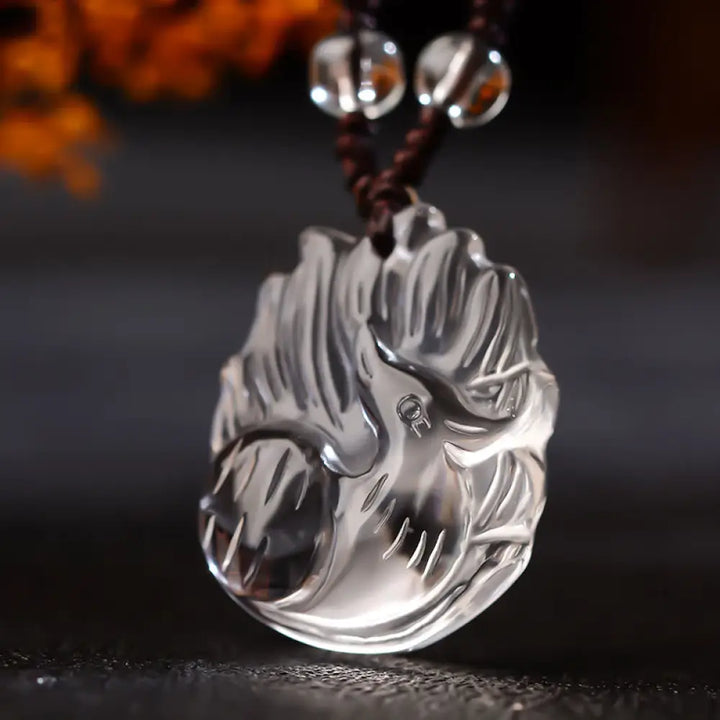 Buddha Stones Natural Amethyst White Crystal Citrine Nine Tailed Fox Luck Necklace Pendant - BWOOOH - White