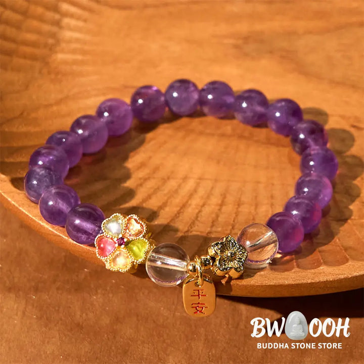 Buddha Stones Natural Amethyst White Crystal Flower Healing Safe And Well Charm Bracelet - BWOOOH - Amethyst(Wrist