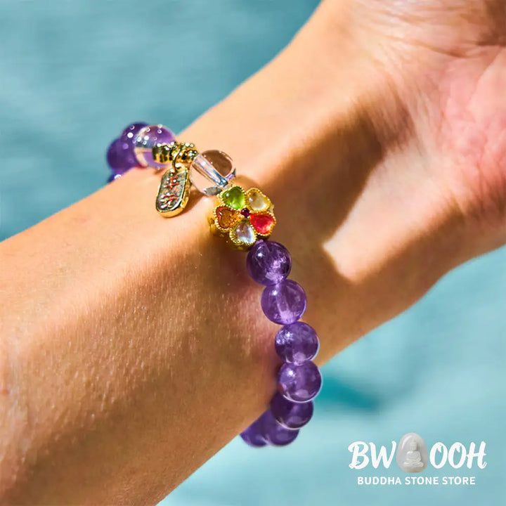 Buddha Stones Natural Amethyst White Crystal Flower Healing Safe And Well Charm Bracelet - BWOOOH - Amethyst(Wrist