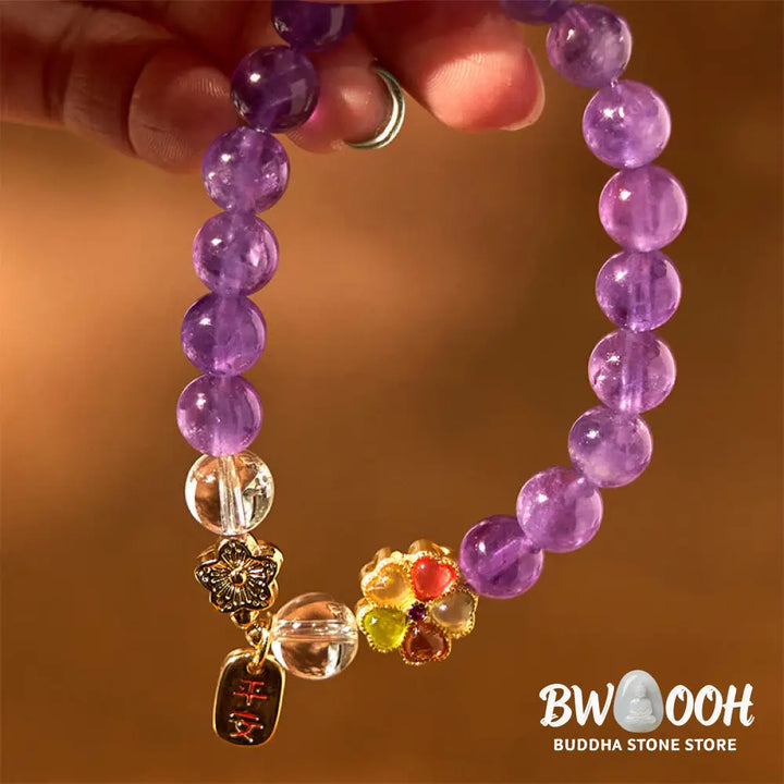 Buddha Stones Natural Amethyst White Crystal Flower Healing Safe And Well Charm Bracelet - Amethyst(Wrist