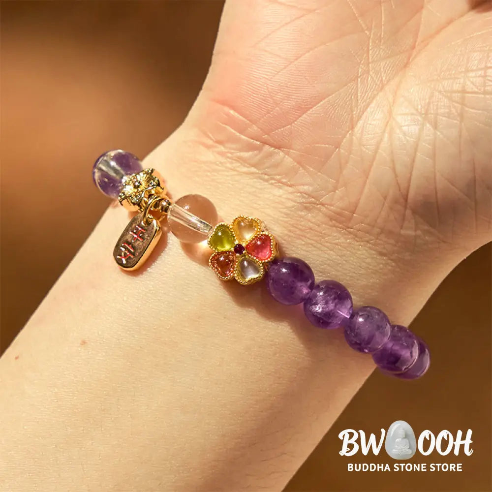 Buddha Stones Natural Amethyst White Crystal Flower Healing Safe And Well Charm Bracelet - Amethyst(Wrist