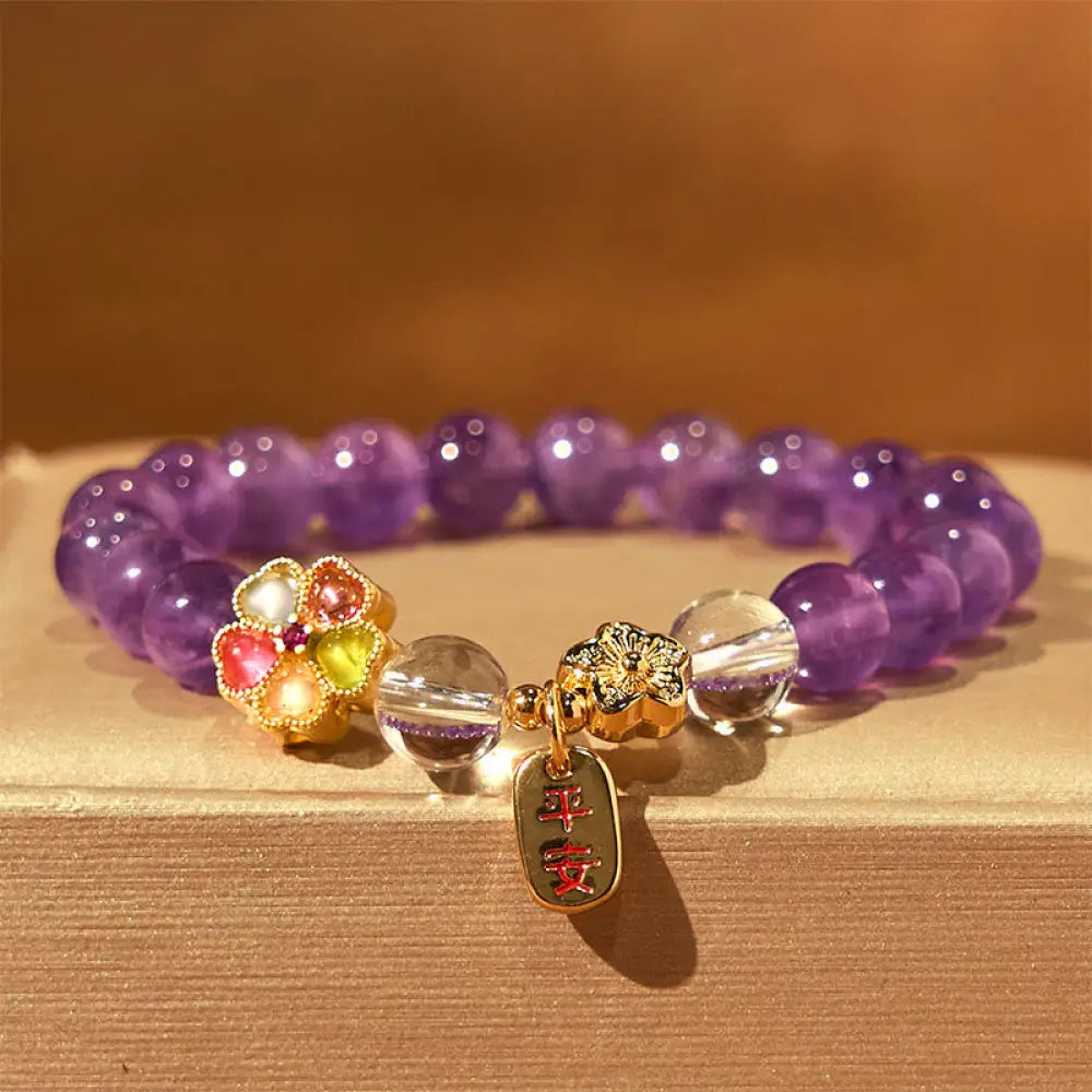 BWOOOH Natural Amethyst White Crystal Flower Healing Safe And Well Charm Bracelet - Amethyst(Wrist