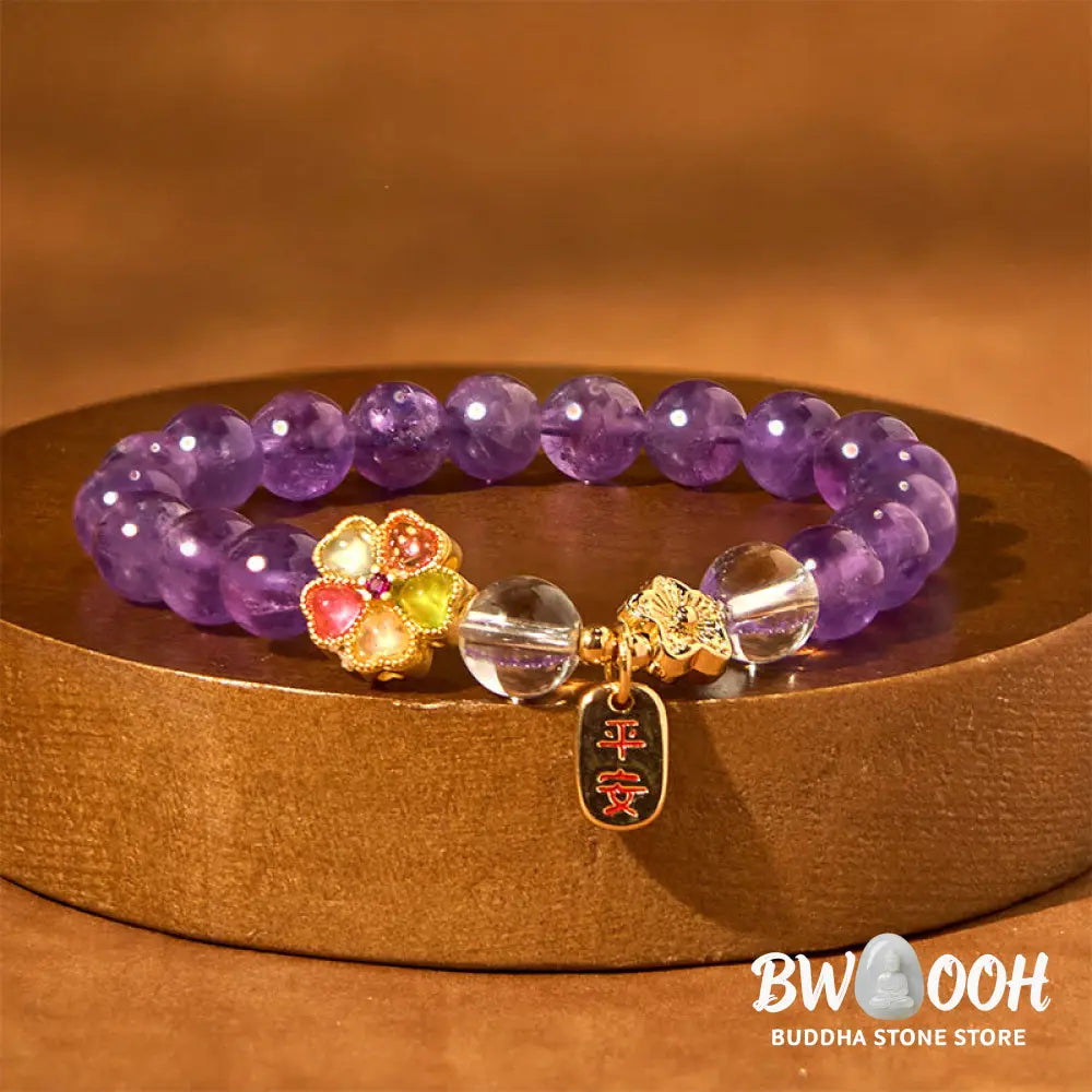 Buddha Stones Natural Amethyst White Crystal Flower Healing Safe And Well Charm Bracelet - Amethyst(Wrist