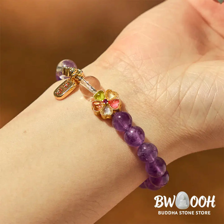 Buddha Stones Natural Amethyst White Crystal Flower Healing Safe And Well Charm Bracelet - Amethyst(Wrist