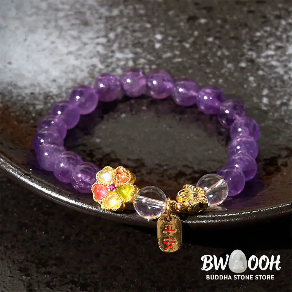 Buddha Stones Natural Amethyst White Crystal Flower Healing Safe And Well Charm Bracelet - Amethyst(Wrist