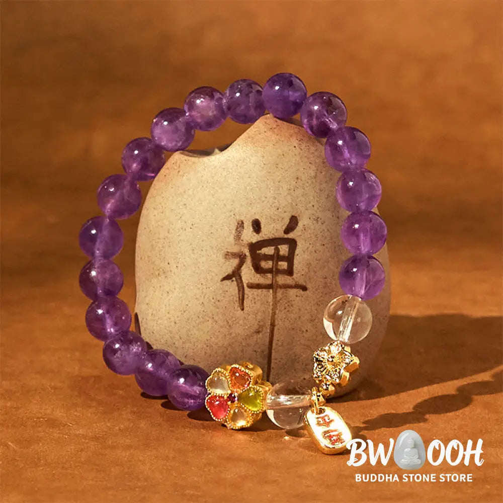 Buddha Stones Natural Amethyst White Crystal Flower Healing Safe And Well Charm Bracelet - Amethyst(Wrist