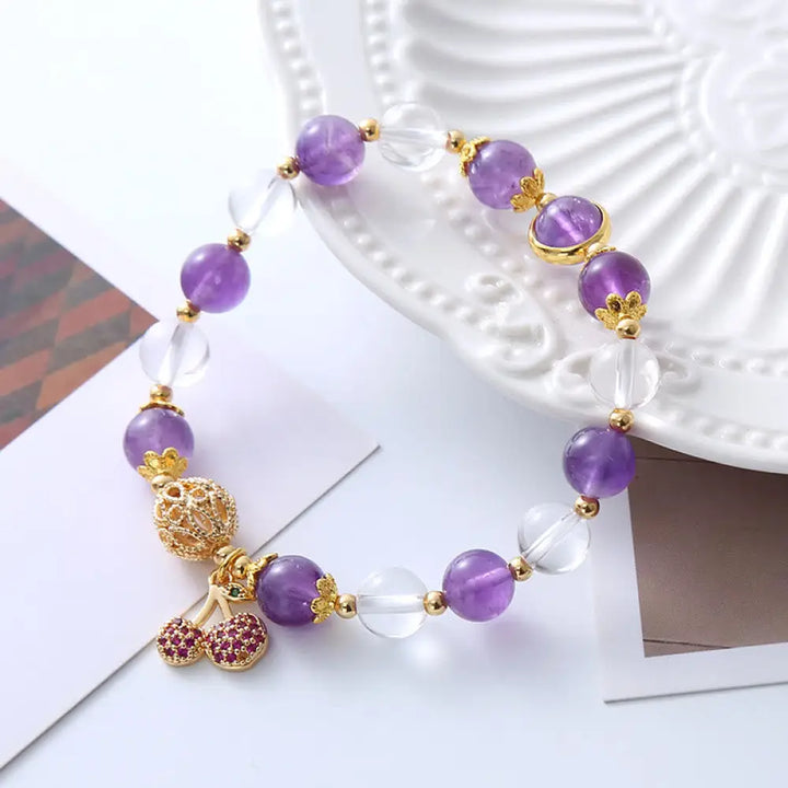 BWOOOH Natural Amethyst White Crystal Positive Cherry Charm Bracelet - BWOOOH - Amethyst(Spiritual