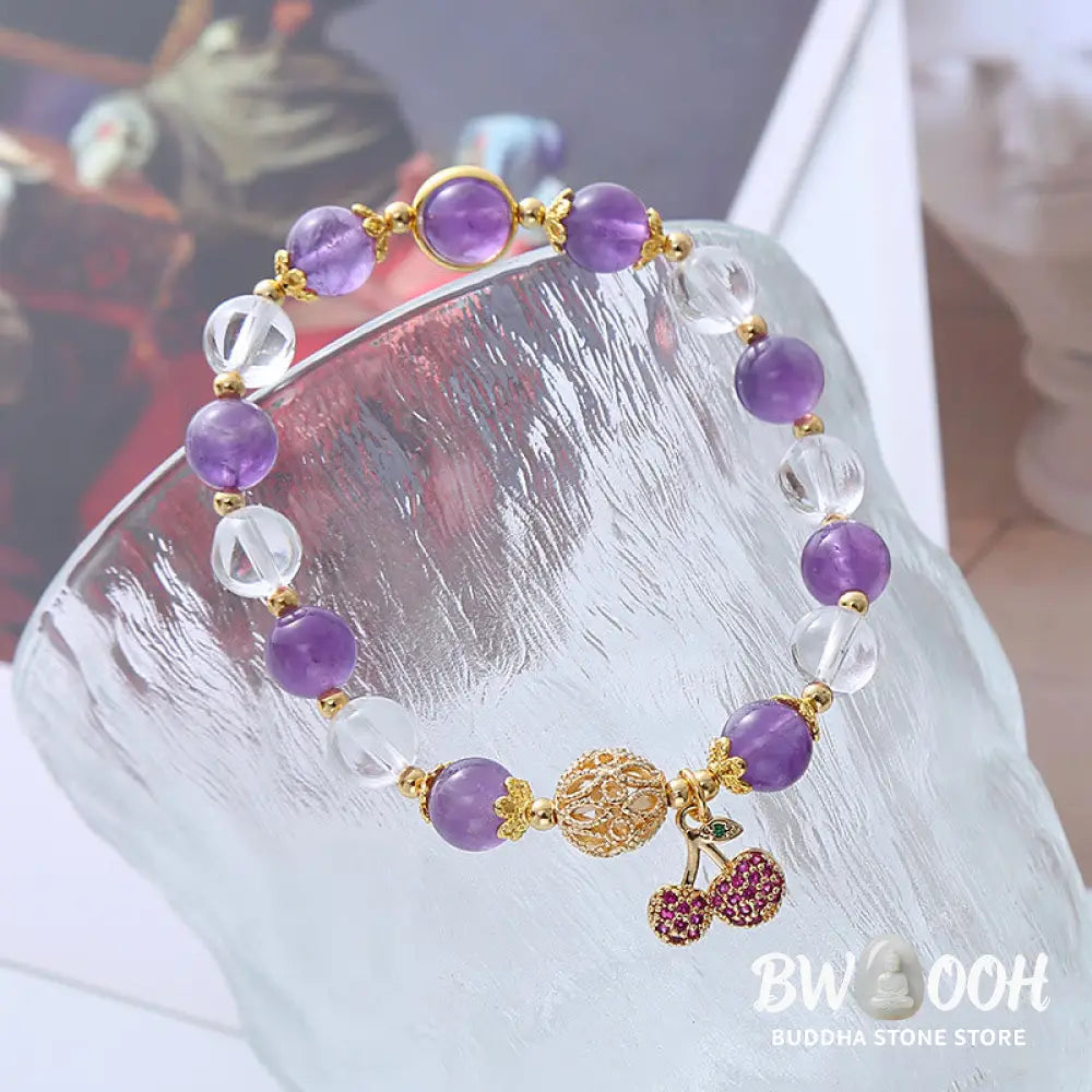 Buddha Stones Natural Amethyst White Crystal Positive Cherry Charm Bracelet - BWOOOH - Amethyst(Spiritual