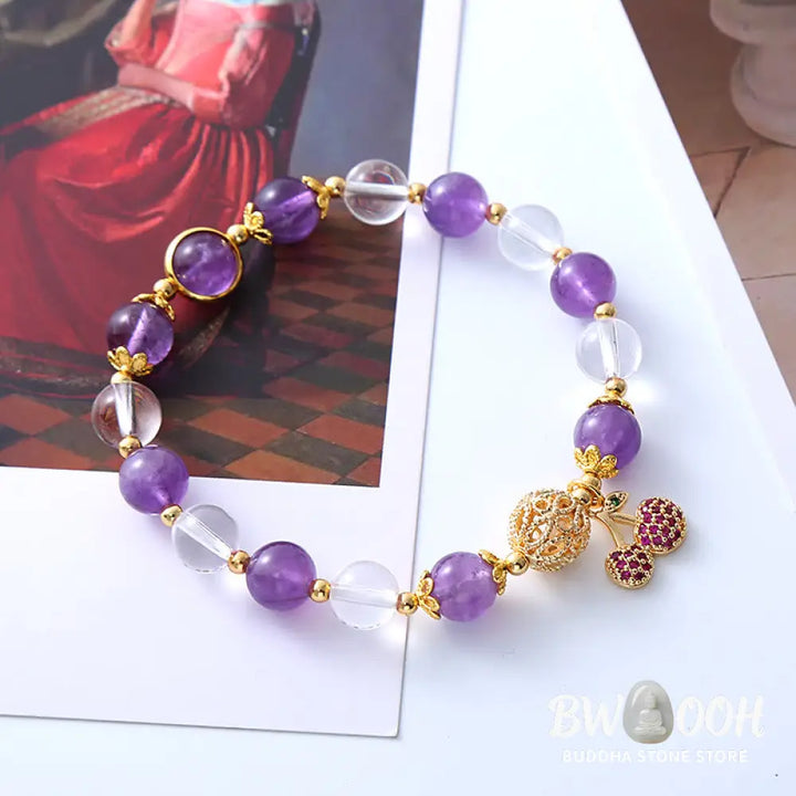 Buddha Stones Natural Amethyst White Crystal Positive Cherry Charm Bracelet - BWOOOH - Amethyst(Spiritual