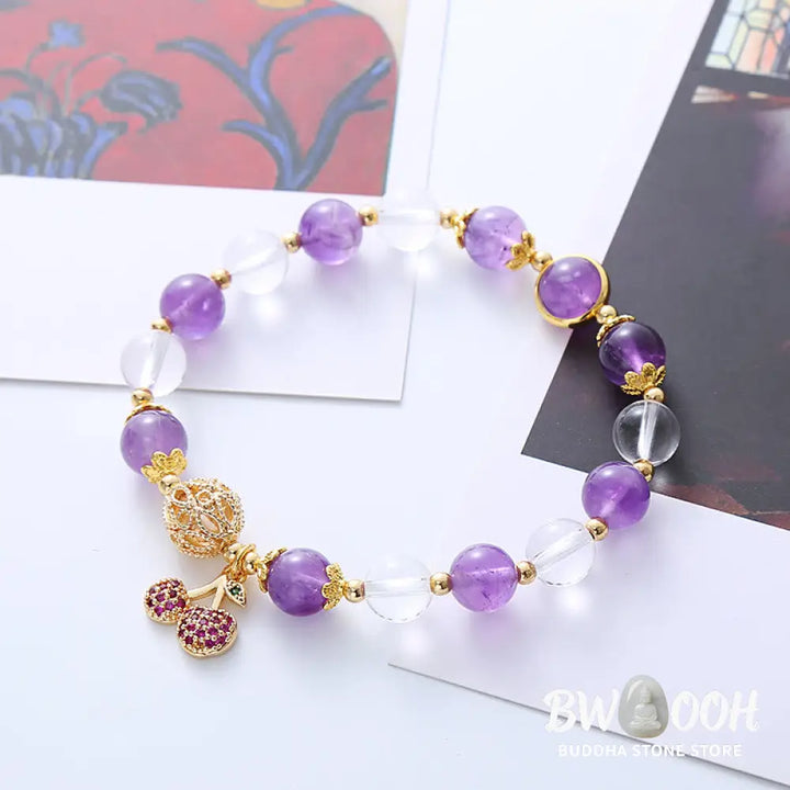 Buddha Stones Natural Amethyst White Crystal Positive Cherry Charm Bracelet - BWOOOH - Amethyst(Spiritual