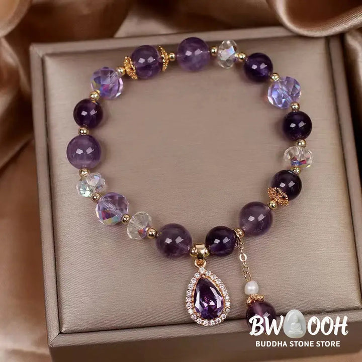 Buddha Stones Natural Amethyst Zircon Love Heart Healing Soul Charm Bracelet - BWOOOH - Amethyst(Spiritual