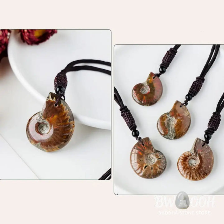 Buddha Stones Natural Ammonite Fossil Snail Pattern Meditation Healing Necklace Pendant - BWOOOH